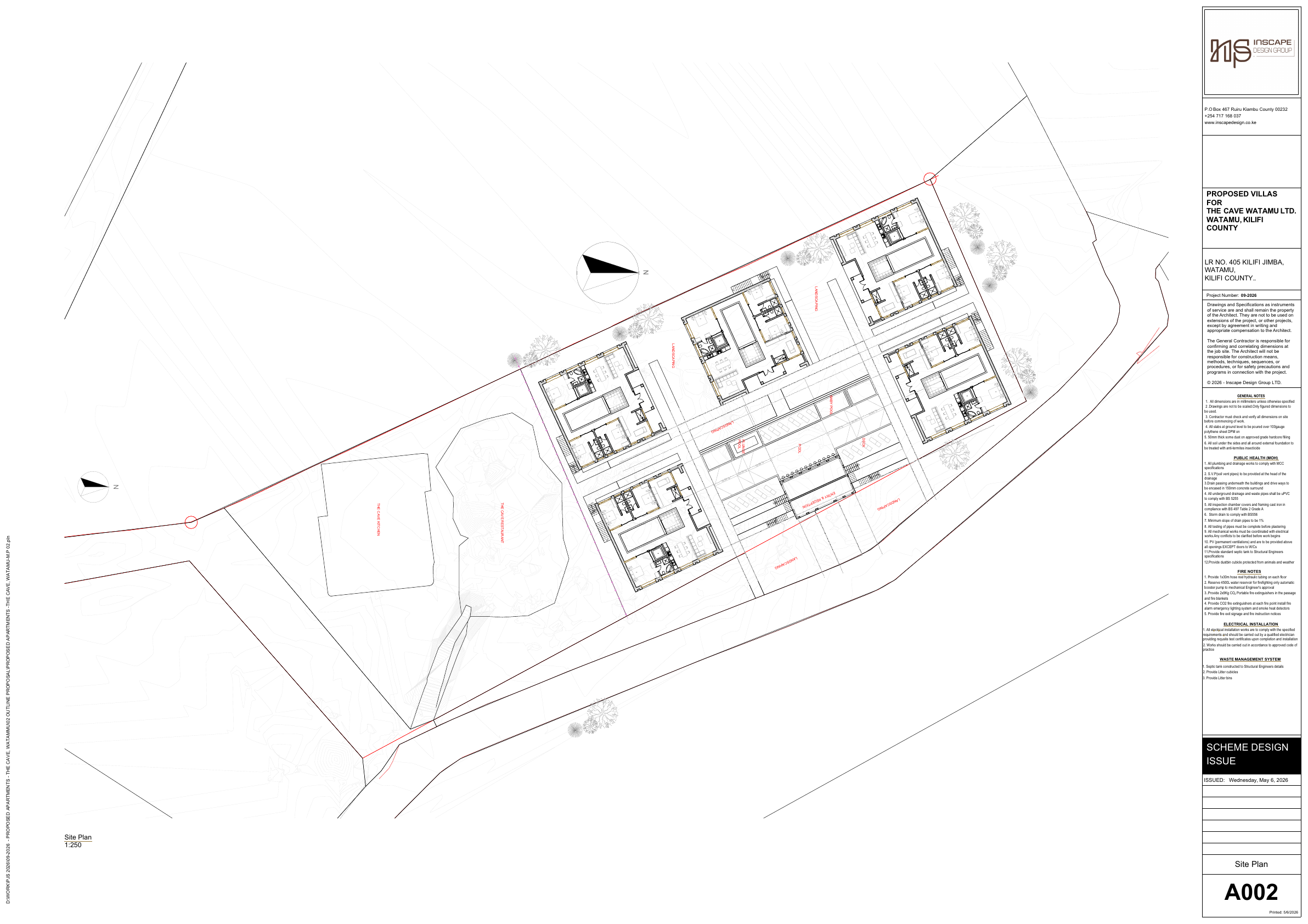 Site plan — five houses around the pool court